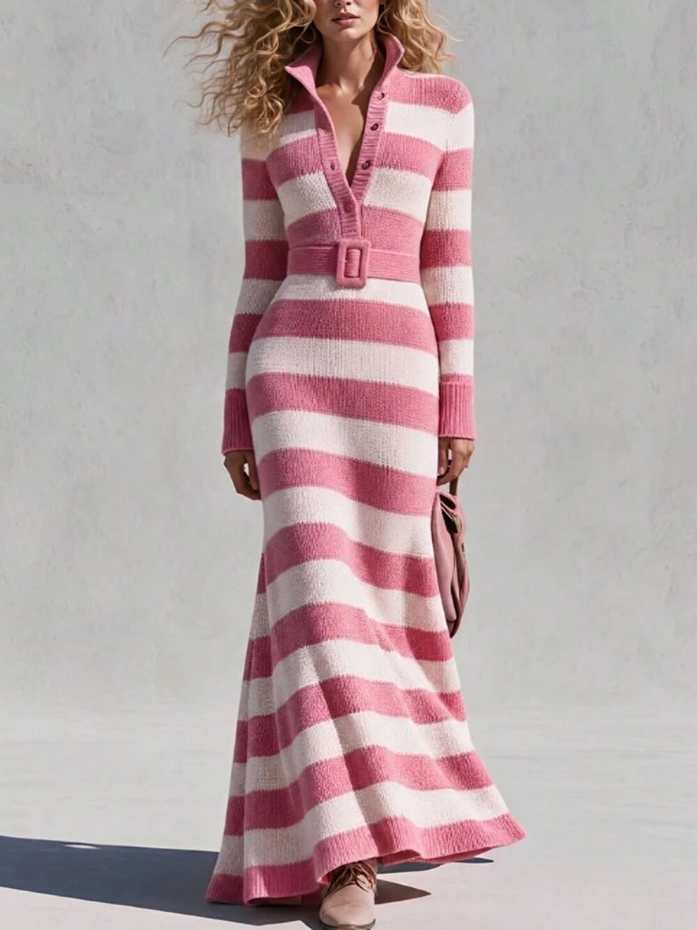 Pink Casual Women's Elegant Striped Knit Maxi Dress - Picture 5 of 7